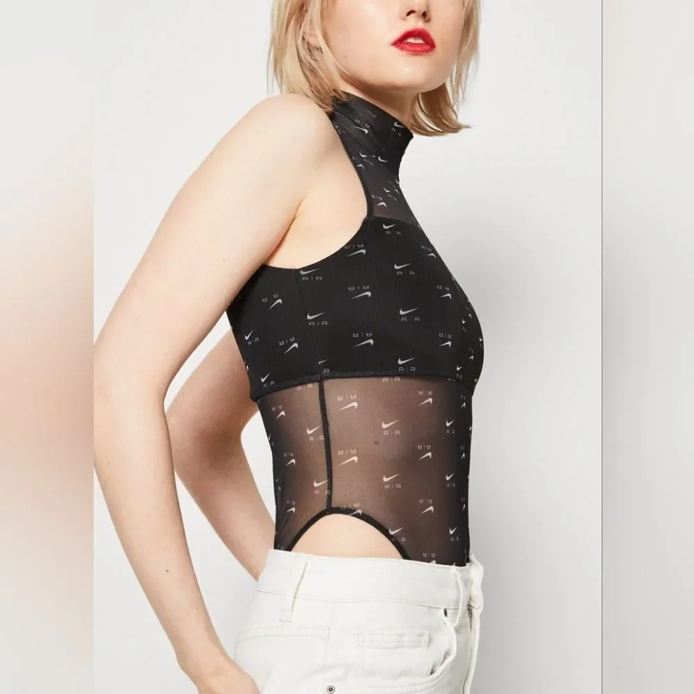 Nike Air Mock Neck All-Over Print Bodysuit Black Mesh Women’s Size M DV8243-010